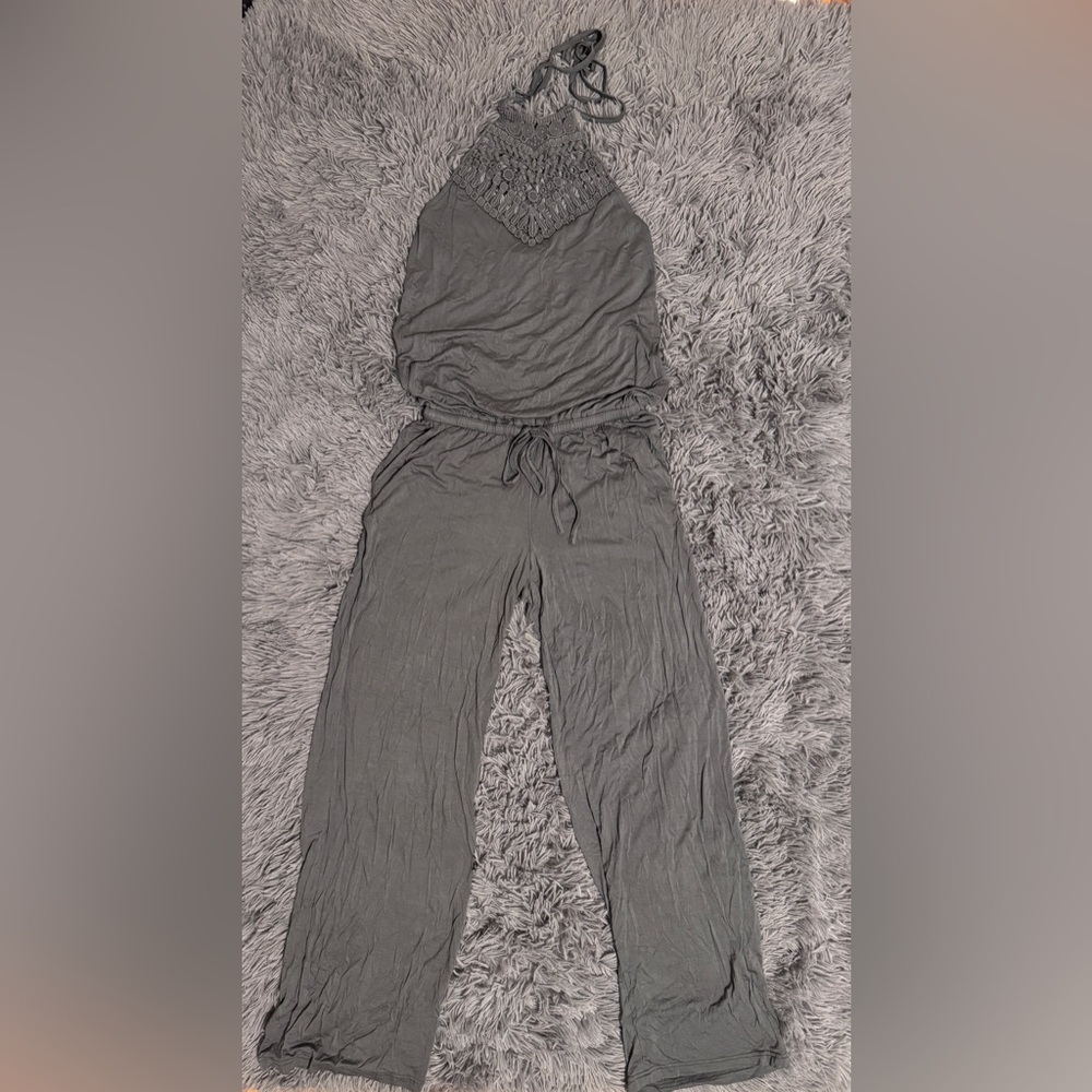 Lascana Crochet Halterneck Gray Sleeveless Jumpsuit